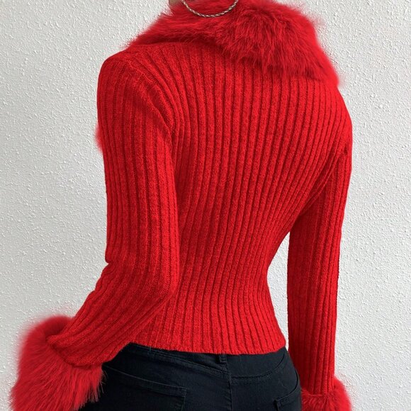 Red Casual Women's Fuzzy Patchwork Slim Fit Cardigan - Picture 2 of 8